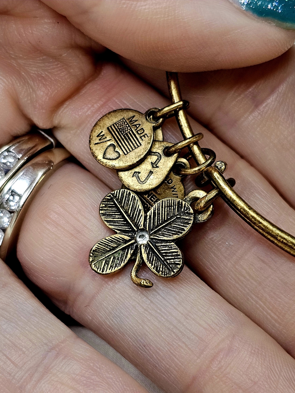 Alex & Ani GoldTone Four Leaf Clover Charm Expandable Wire Bangle Bracelet Lucky